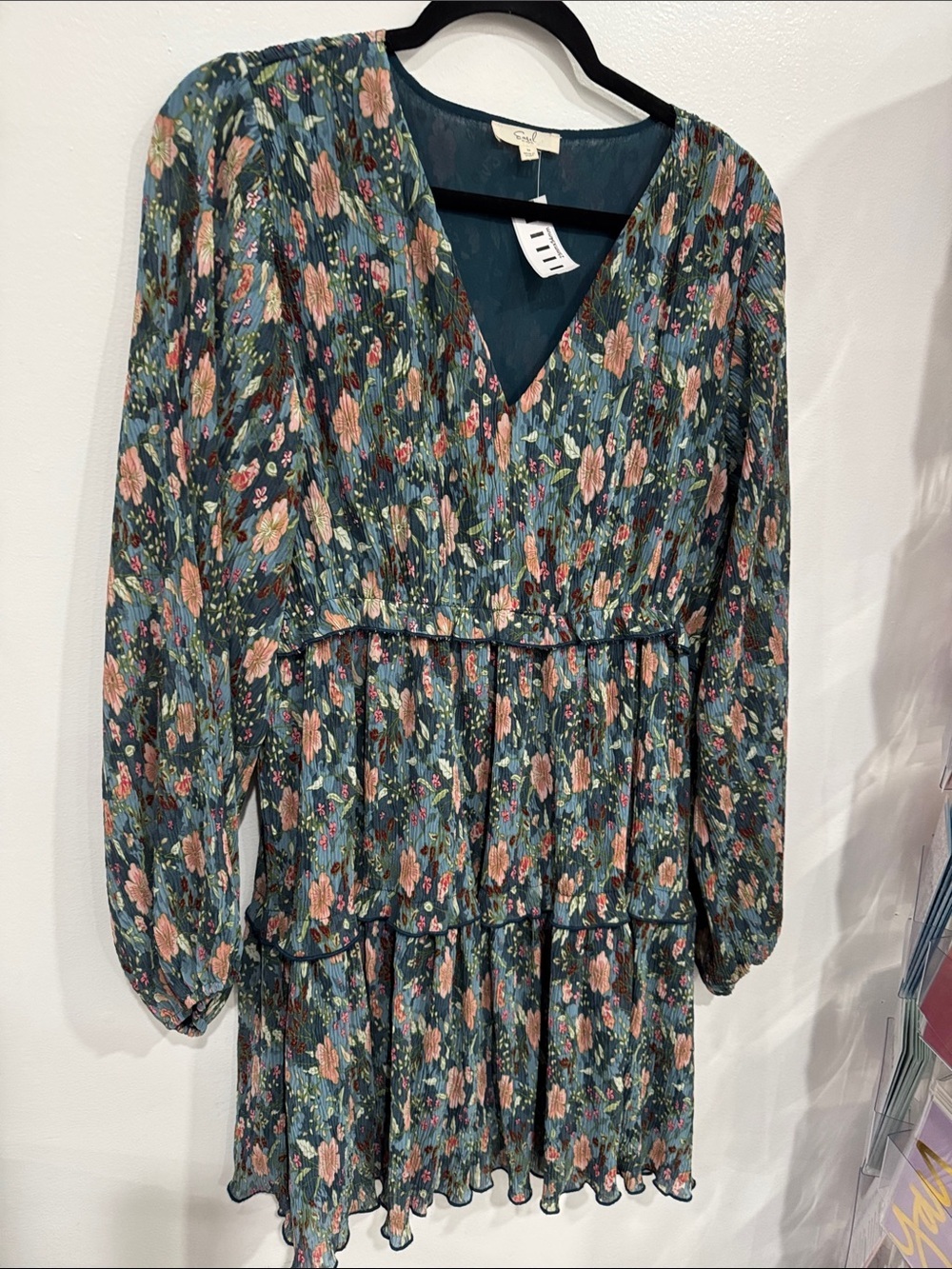 easel Teal Floral V-Neck Tiered Long-Sleeve Dress